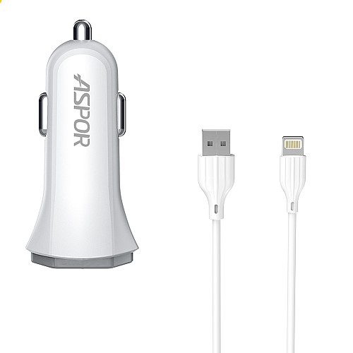 Автомобільне зарядне пристрій Aspor A903 (2USB/3.4A) + USB кабель Lightning - білий
