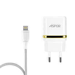 Сетевое зарядное устройство Aspor A828 Eco 2USB/2.4A + кабель USB – Lightning- белый
