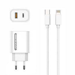 Сетевое зарядное устройство Aspor A806 Fast Charger (USB/USB-C/3A/33W) + кабель Type-C – Lightning- белый