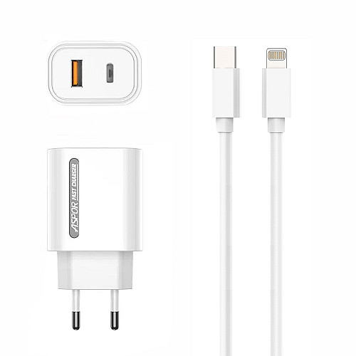 Сетевое зарядное устройство Aspor A806 Fast Charger (USB/USB-C/3A/33W) + кабель Type-C – Lightning- белый