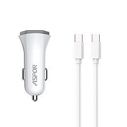 Автомобильное зарядное устройство Aspor A906 PD (USB-C/3A/20W) + кабель Type-C – Type-C- белый