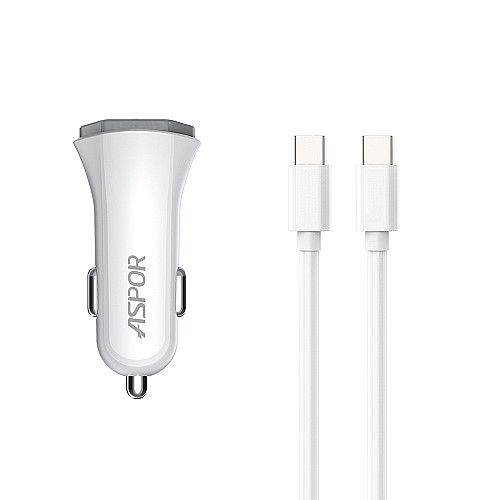 Автомобильное зарядное устройство Aspor A906 PD (USB-C/3A/20W) + кабель Type-C – Type-C- белый