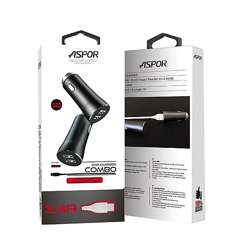 Автомобильное зарядное устройство Aspor A918 Metal LED (2USB/3.4A) + кабель USB – Lightning- черный