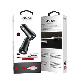 Автомобільне зарядне пристрій для Aspor A918 Metal LED (2USB/3.4A) + кабель USB – Type-C - чорний