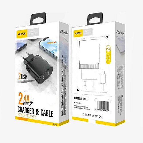Сетевое зарядное устройство Aspor A811 (2USB/2.4A)- черный