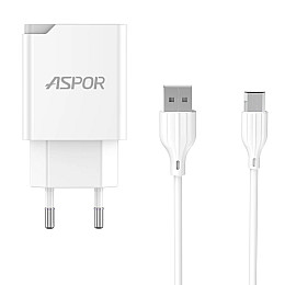 Сетеве зарядний пристрій Aspor A827 IQ (USB/2.4A) + кабель USB – Micro- білий