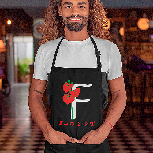 Фартук черный кухонный с принтом для флориста "F - florist. Ф - флорист. Красные маки" ФА000758 Кавун 68 см