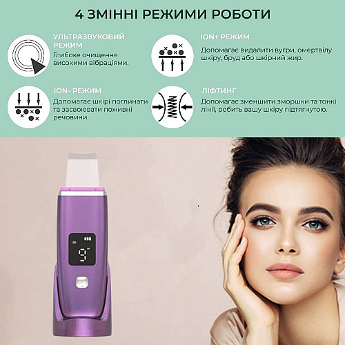 Ультразвуковий скребок для обличчя Ultrasonic PL-C01 з двосторонньою силіконовою насадкою Фіолетовий