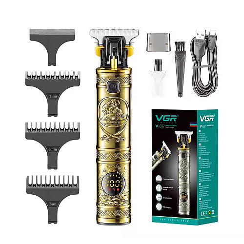 Триммер аккумуляторный для бороды и волос VGR V-097 с LED дисплеем Gold