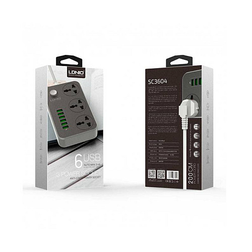 Сетевой фильтр LDNIO SE3604, 6USB, 3 розетки, 1.6м