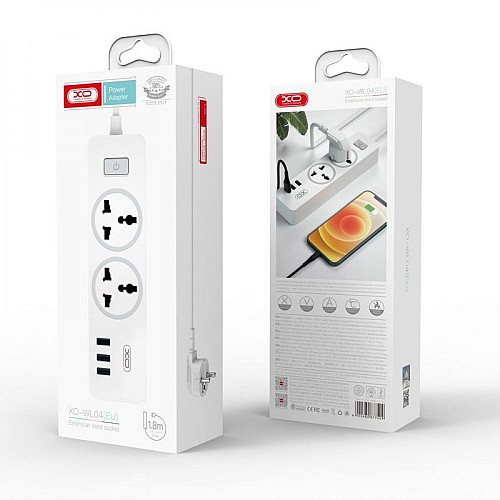 Сетевий фільтр подовжувач XO-WL04 2 Розетки 10A 3 USB 2.4A 1.8 м Білий