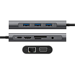 USB-хаб XON SmartHub 10 в 1 Ethernet VGA HDMI 3.5 Audio SD/TF Type-C 3xUSB3.0 Серый (UHCHP104300G 5252)