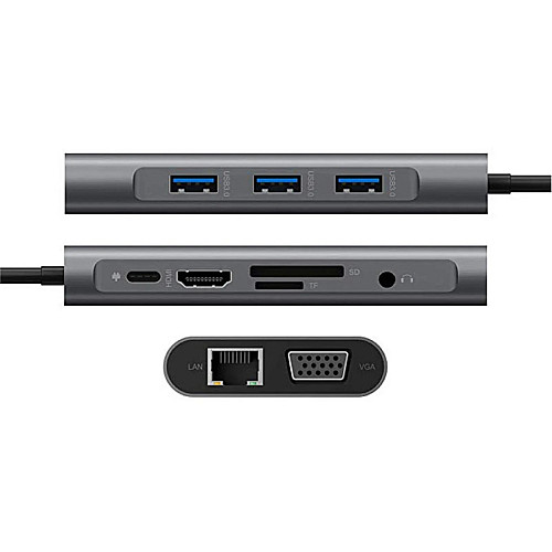 USB-хаб XON SmartHub 10 в 1 Ethernet VGA HDMI 3.5 Audio SD/TF Type-C 3xUSB3.0 Серый (UHCHP104300G 5252)