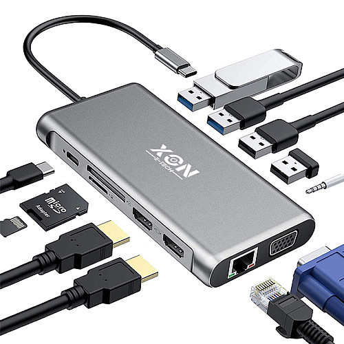 USB-хаб XON SmartHub 12 в 1 Ethernet VGA 2xHDMI 3.5 Audio SD/TF Type-C 4xUSB3.1 Сірий (UHCHP125300G 5283)