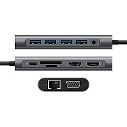 USB-хаб XON SmartHub 12 в 1 Ethernet VGA 2xHDMI 3.5 Audio SD/TF Type-C 4xUSB3.1 Серый (UHCHP125300G 5283)