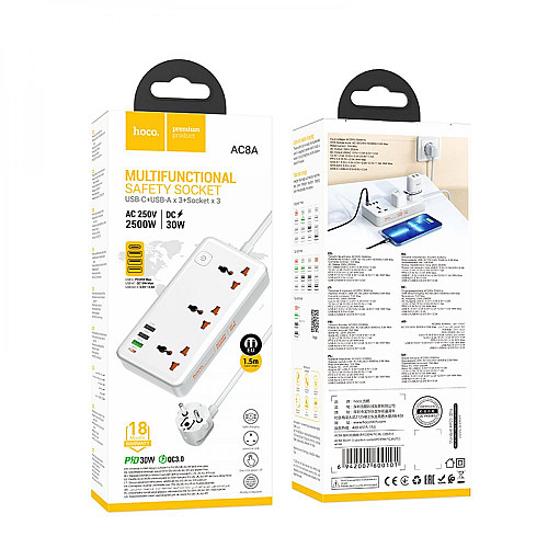 Удлинитель мережевий Hoco AC8A Багатофункціональний 3USB 1Type-C,PD 18W 3.4A 1.5m Білий