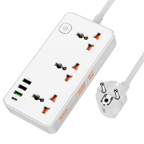 Удлинитель мережевий Hoco AC8A Багатофункціональний 3USB 1Type-C,PD 18W 3.4A 1.5m Білий