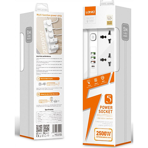 Удлинитель сетевой LDNIO SC5415 5 PD 20Вт/QC 3.0 2 м 5 розеток 3 USB / Type-C Auto-ID White