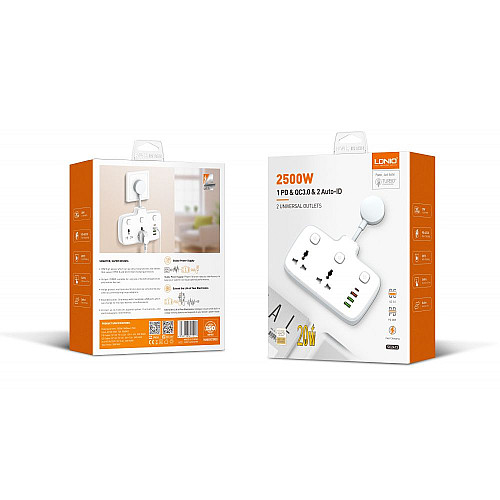 Удлинитель мережевий LDNIO SC2413 Auto-ID 2USB/ 2 Type-C 2.4А QC3.0 / PD20 Вт Білий