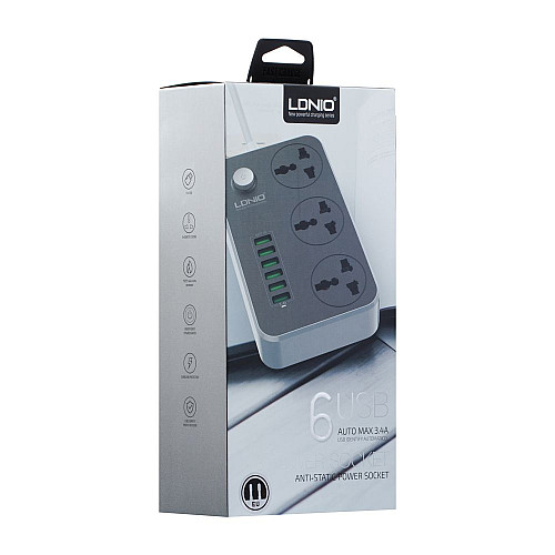Удлинювач мережевий LDNIO SC3604 на 3 розетки 6USB 3.4A 2 м Чорний