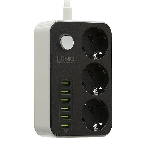 Удлинитель сетевой LDNIO SE3631 Socket с подсветкой 6USB 3 розетки 220V 3.4A 1.6 m Black
