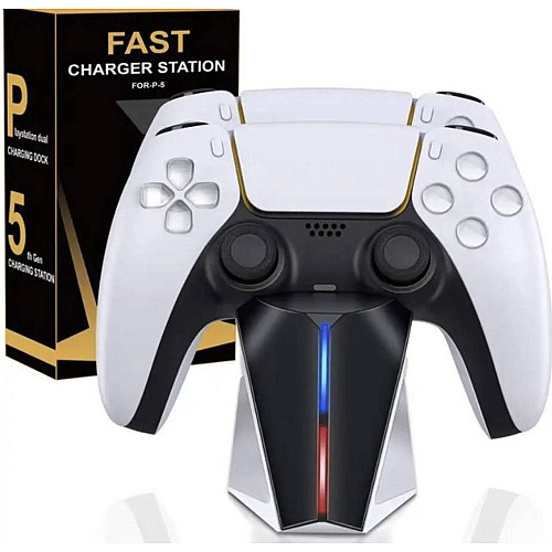 Зарядка для джойстика PS5 BebonCool для PlayStation 5 PS5 DualSense на 2 геймпада с LED подсветкой P5 Белый