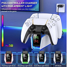 Зарядка для джойстика BebonCool для PlayStation 5 PS 5 DualSense Dualsense Edge на 2 геймпада з LED RGB Білий