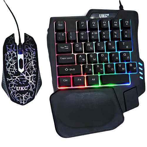 Комплект проводной игровая клавиатура для одной руки и мышь UKC 7768 с подсветкой Black