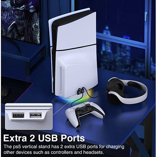 Вертикальный стенд BebonCool для Sony PlayStation Slim с RGB подсветкой и 2 USB Hub Белый