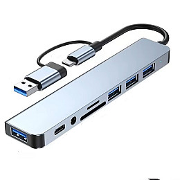 USB хаб 8 в 1 концентратор высокоскоростной Qukam Type-C Серый