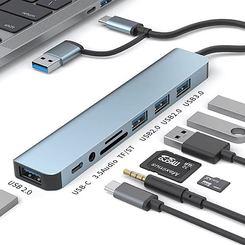 USB хаб 8 в 1 концентратор високошвидкісний Qukam Type-C Сірий