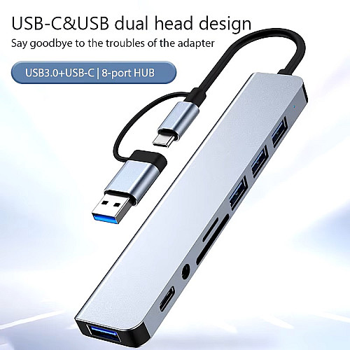 USB хаб 8 в 1 концентратор високошвидкісний Qukam Type-C Сірий