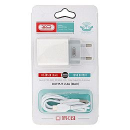 Зарядное устройство XO L65EU 2.4A адаптер 2 USB + кабель Type C Белый