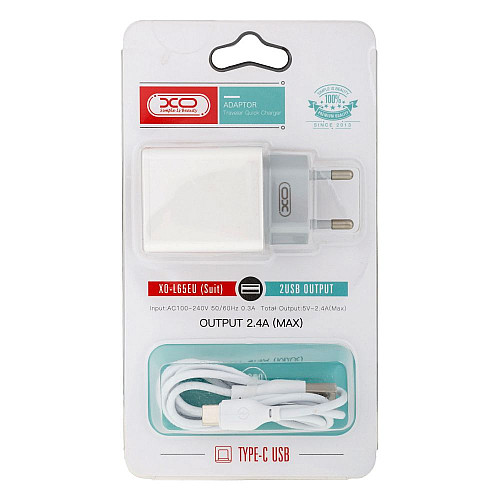 Зарядное устройство XO L65EU 2.4A адаптер 2 USB + кабель Type C Белый