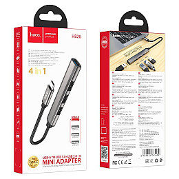 Хаб Hoco HB26 4-в-1 Type-C штекер на USB3.0 USB2.0*3 OTG Type C Сірий