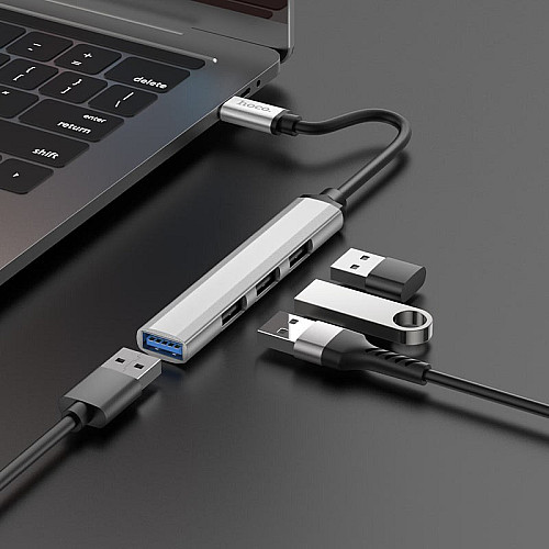 Хаб Hoco HB26 4-в-1 Type-C штекер на USB3.0 гніздо USB2.0*3 OTG Type C Silver