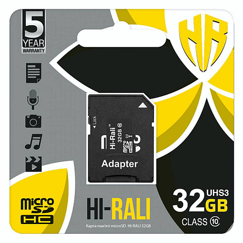 Карта пам'яті з адаптером Hi-Rali Micro SDHC 32gb UHS-3 Class 10 Чорний