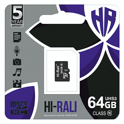 Карта памяти Hi-Rali Micro SDXC 64gb UHS-3 10 Class Черный