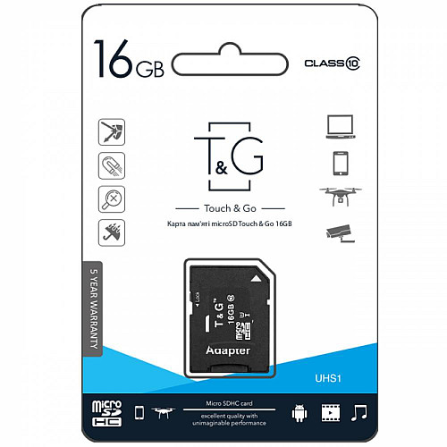 Карта памяти с адаптером T&G Micro SDHC 16gb UHS-1 Class 10 Черный