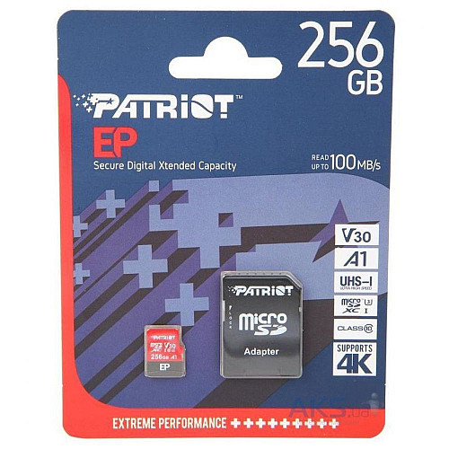 Карта пам'яті з адаптером MicroSDXC Patriot EP UHS-I/U3 256gb V30 Class 10 Чорно-Червоний