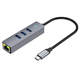 Концентратор USB Hoco HB34 Easy link 4 в 1 Type C to USB3.0 / RJ45 1000mbs 155 мм Сірий