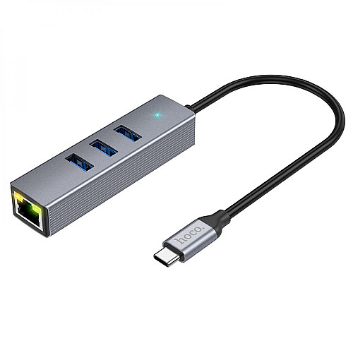 Концентратор USB Hoco HB34 Easy link 4 в 1 Type C to USB3.0 / RJ45 1000mbs 155 мм Сірий
