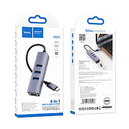 Концентратор USB Hoco HB34 Easy link 4 в 1 Type C to USB3.0 / RJ45 1000mbs 155 мм Сірий