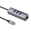 Концентратор USB Hoco HB34 Easy link 4 в 1 Type C to USB3.0 / RJ45 1000mbs 155 мм Сірий