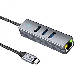 Концентратор USB Hoco HB34 Easy link 4 в 1 Type C to USB3.0 / RJ45 1000mbs 155 мм Сірий