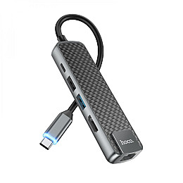 Концентратор USB Hoco HB23 Easy view 5 в 1 Type-C - HDMI PD60W USB3.0 / USB2.0 / RJ45 Сірий