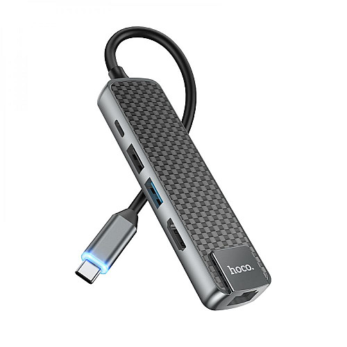 Концентратор USB Hoco HB23 Easy view 5 в 1 Type-C - HDMI PD60W USB3.0 / USB2.0 / RJ45 Сірий