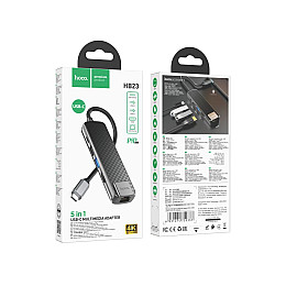 Концентратор USB Hoco HB23 Easy view 5 в 1 Type-C - HDMI PD60W USB3.0 / USB2.0 / RJ45 Сірий