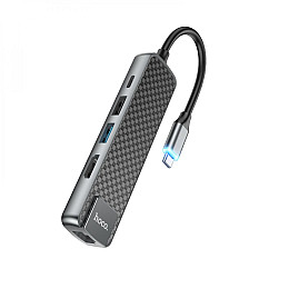 Концентратор USB Hoco HB23 Easy view 5 в 1 Type-C - HDMI PD60W USB3.0 / USB2.0 / RJ45 Сірий