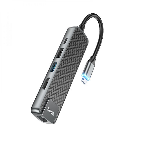 Концентратор USB Hoco HB23 Easy view 5 в 1 Type-C - HDMI PD60W USB3.0 / USB2.0 / RJ45 Сірий